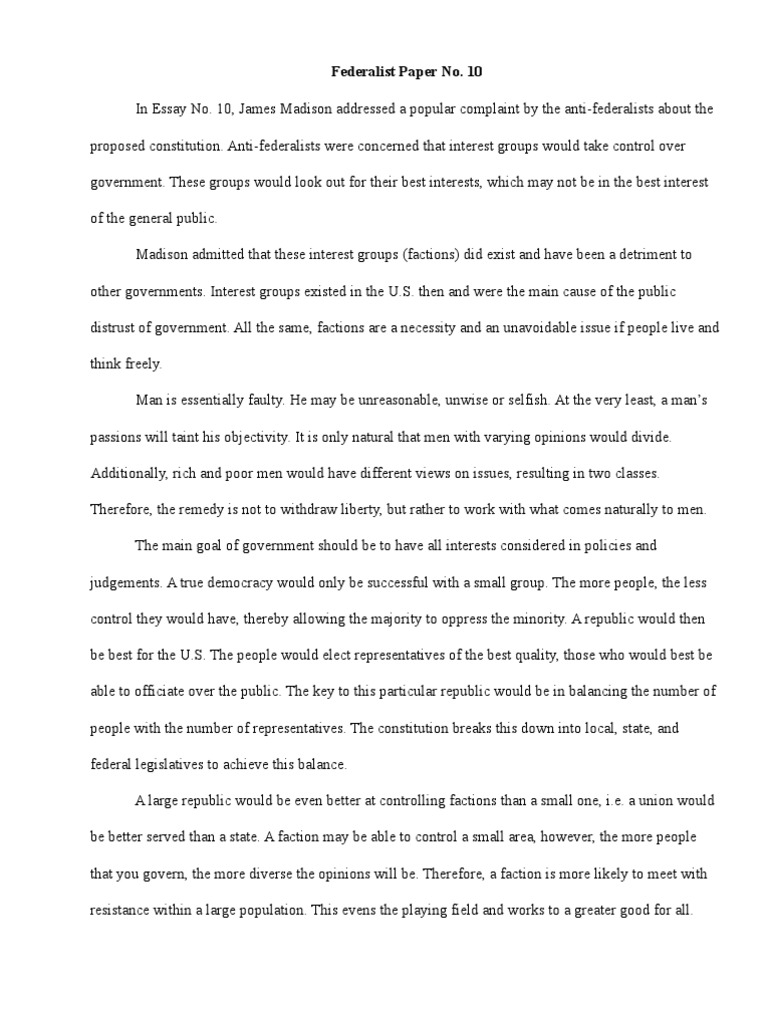 federalist 51 federalist 10 summary
